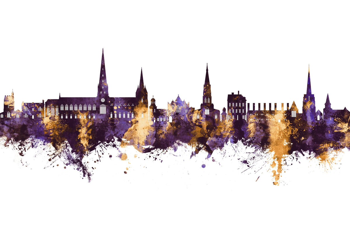 Lichfield England Skyline Purple & Gold Mural Wallpaper - pure wallpaper artwork