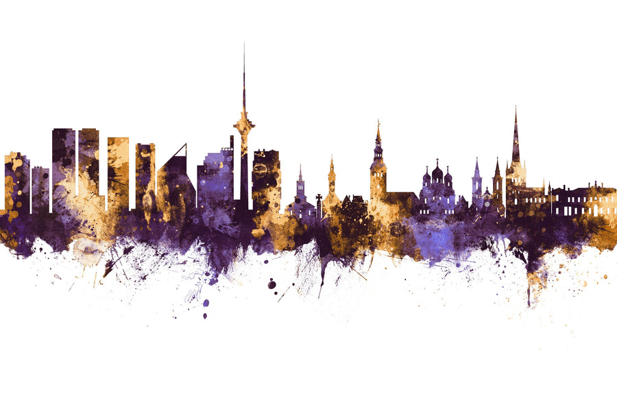 Tallinn Estonia Skyline Purple & Gold Mural Wallpaper
