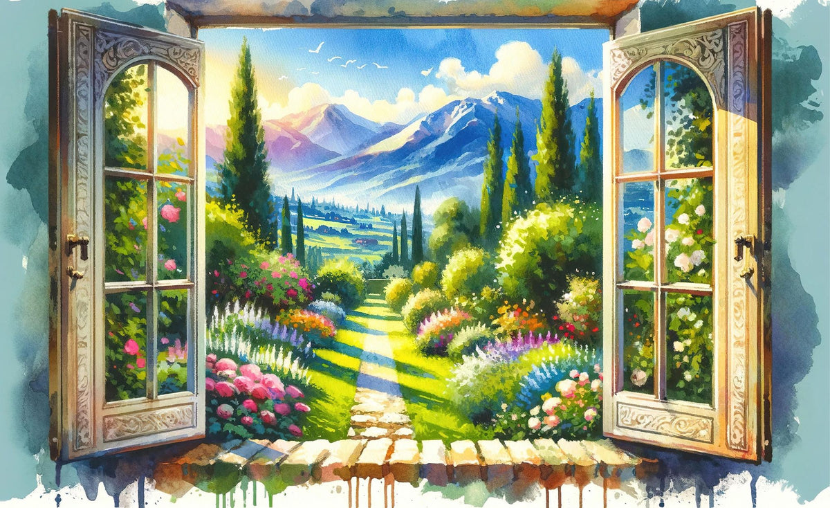 Mountain View Through Open Window Mural Wallpaper - pure wallpaper artwork