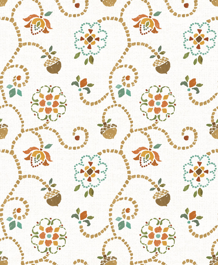 Autumn Acorns White Mural Wallpaper