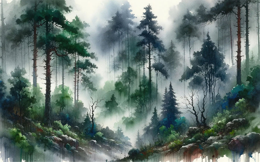 Foggy Lush Forest with Dense Trees Mural Wallpaper