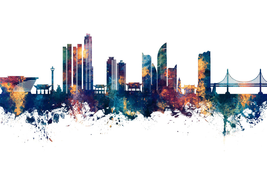 Busan South Korea Skyline Blue & Bronze Mural Wallpaper