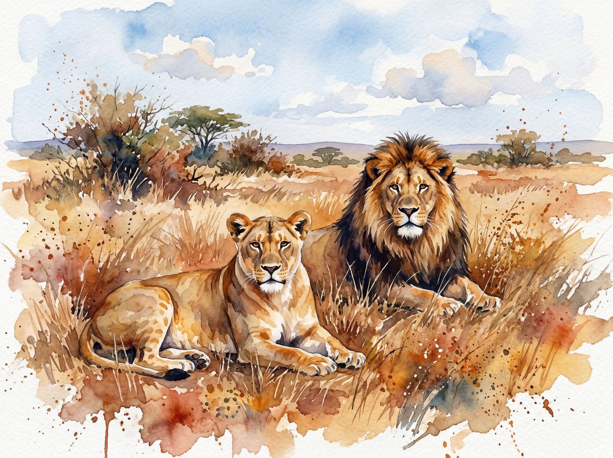 Lions II - Watercolor Predators Series Mural Wallpaper - pure wallpaper artwork