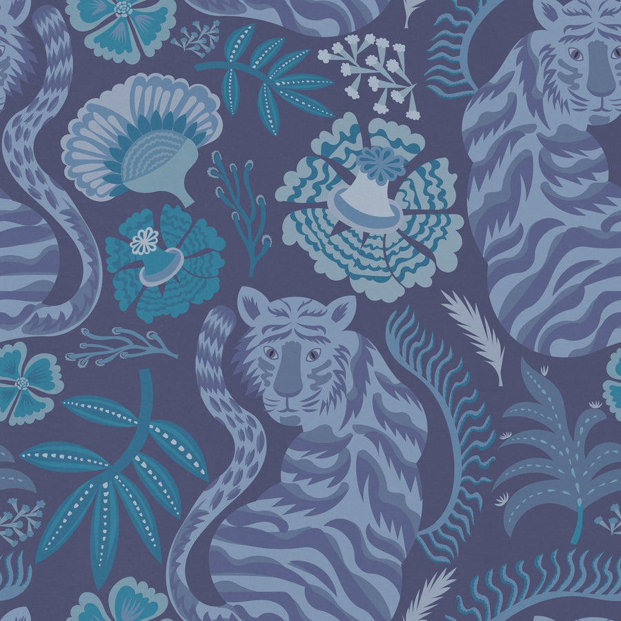 Painterly Tigers Blue Mural Wallpaper
