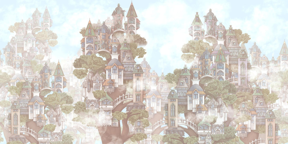 Treehouse Neighborhood Warm Pastel Mural Wallpaper - pure wallpaper artwork