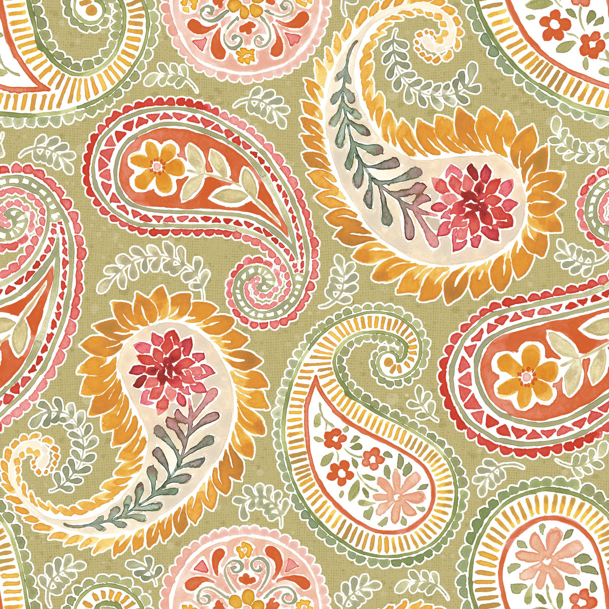 Harvest Paisley Swamp Green Mural Wallpaper - pure wallpaper artwork