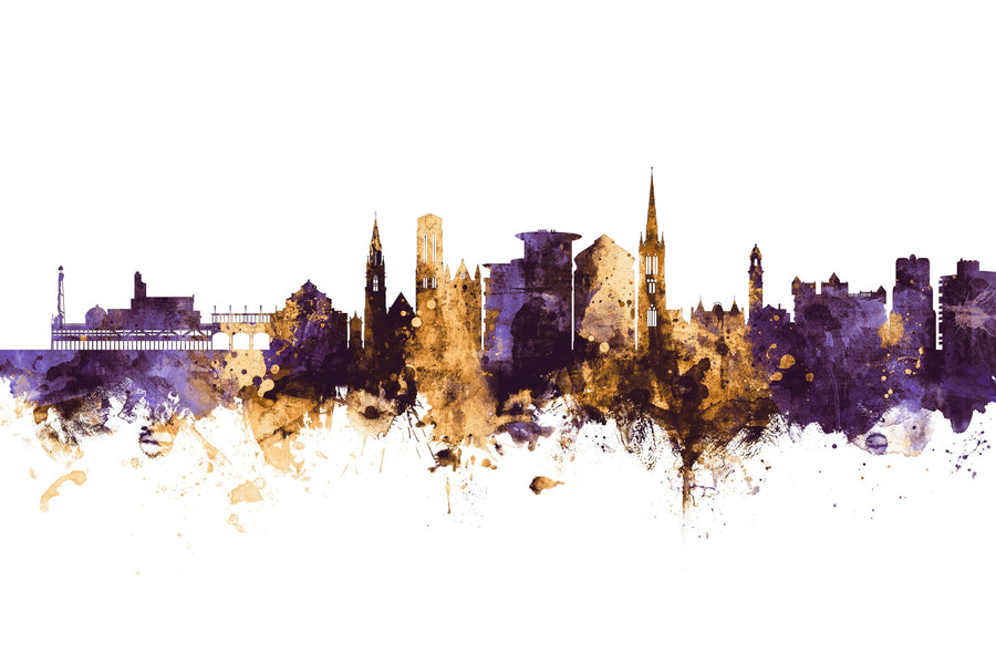Bournemouth England Skyline Purple & Gold Mural Wallpaper