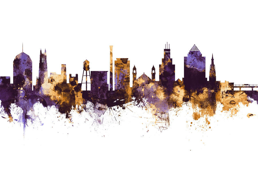 Durham North Carolina Skyline Purple & Gold Mural Wallpaper