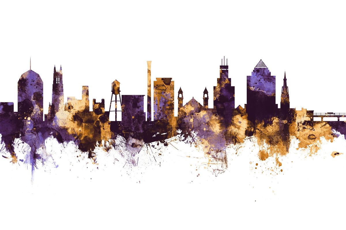 Durham North Carolina Skyline Purple & Gold Mural Wallpaper - pure wallpaper artwork