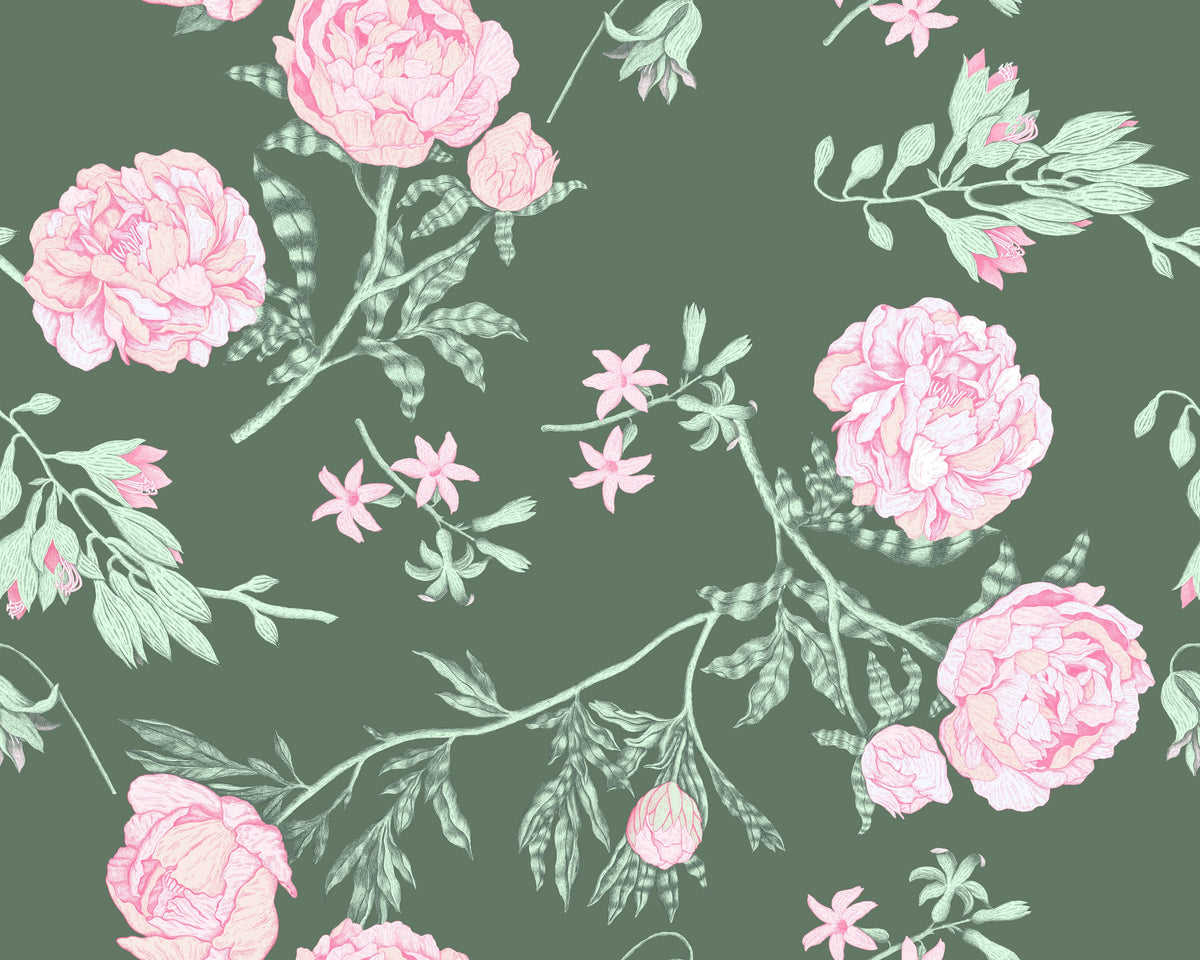 Peony Passion, Green Mural Wallpaper - pure wallpaper artwork