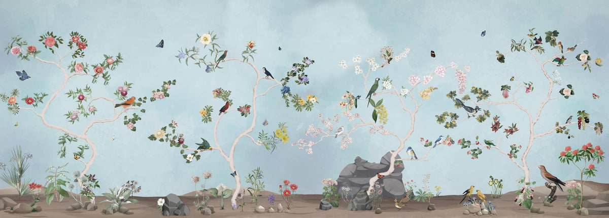 Birds in the Garden Blue Mural Wallpaper - pure wallpaper artwork