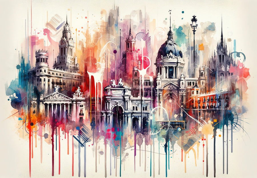 Watercolor Skyline Madrid Mural Wallpaper