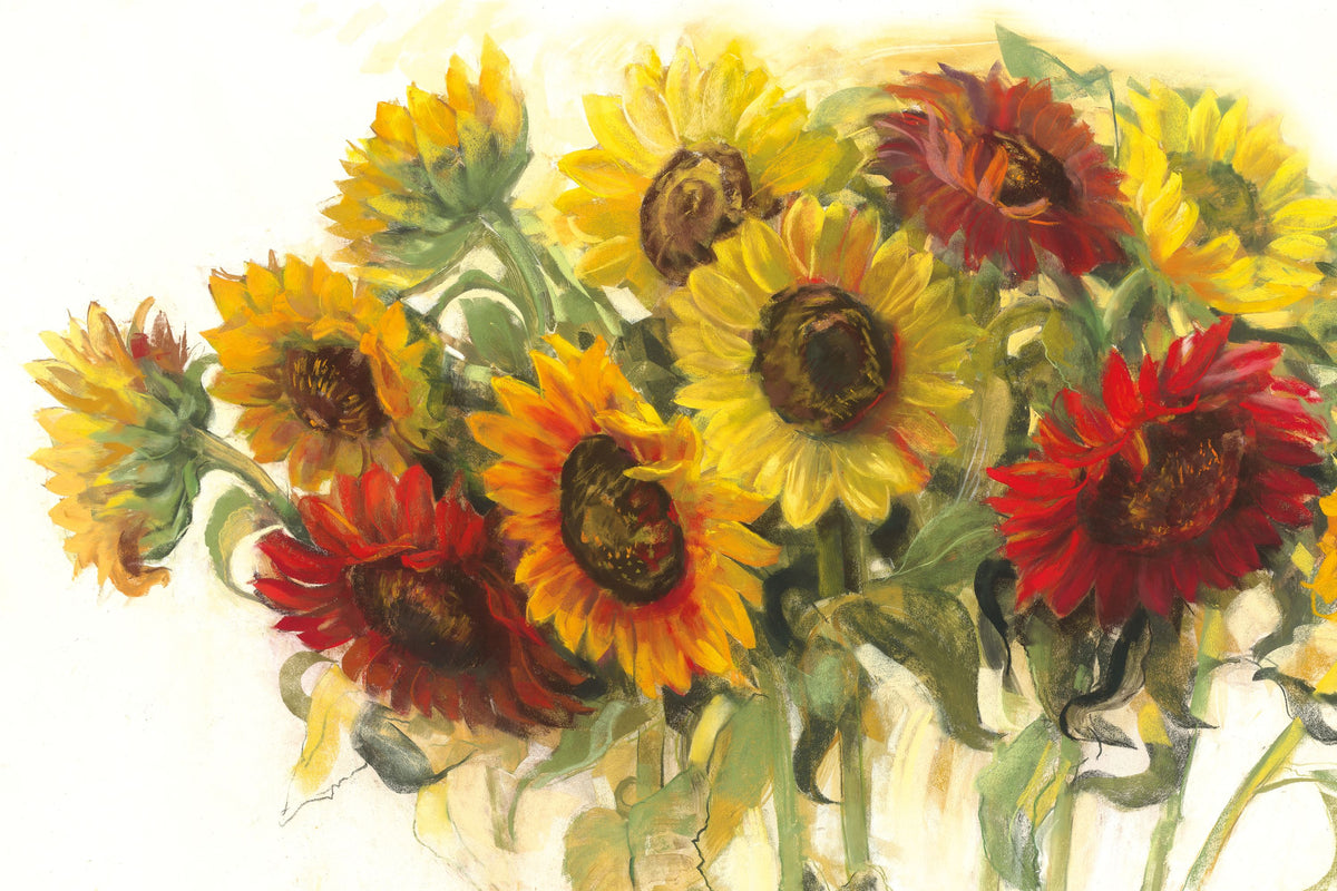 Gathering Sunflowers on White Mural Wallpaper - pure wallpaper artwork