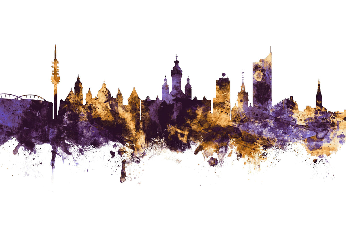 Leipzig Germany Skyline Purple & Gold Mural Wallpaper - pure wallpaper artwork