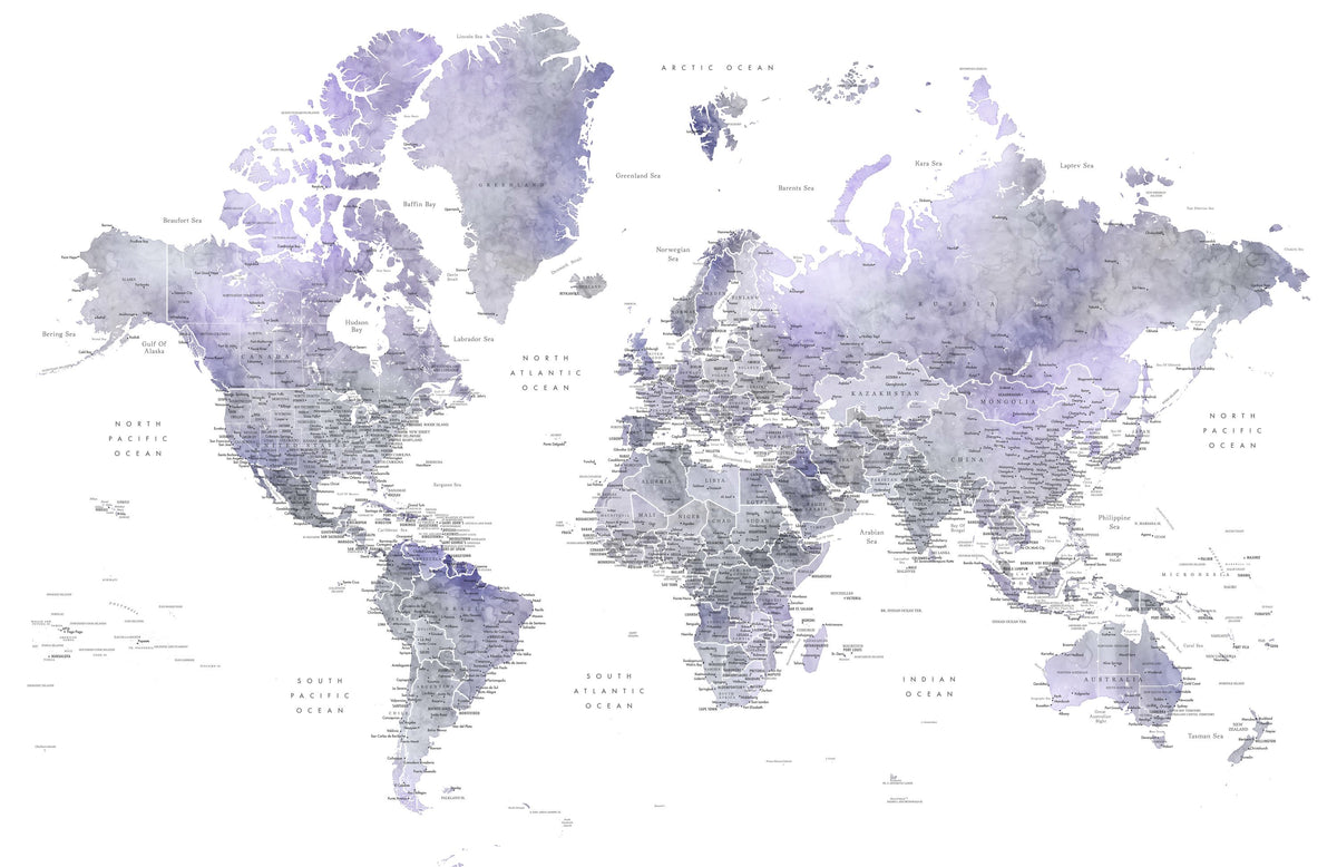 World Map Cities - Lilas Mural Wallpaper - pure wallpaper artwork