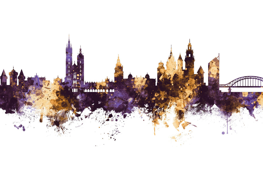 Krakow Skyline Purple & Gold Mural Wallpaper
