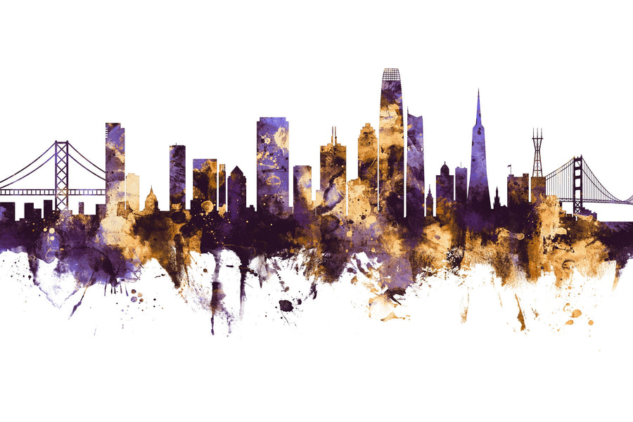 San Francisco Skyline Purple & Gold Mural Wallpaper