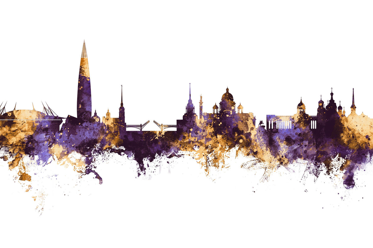 St Petersbug Russia Skyline Purple & Gold Mural Wallpaper - pure wallpaper artwork