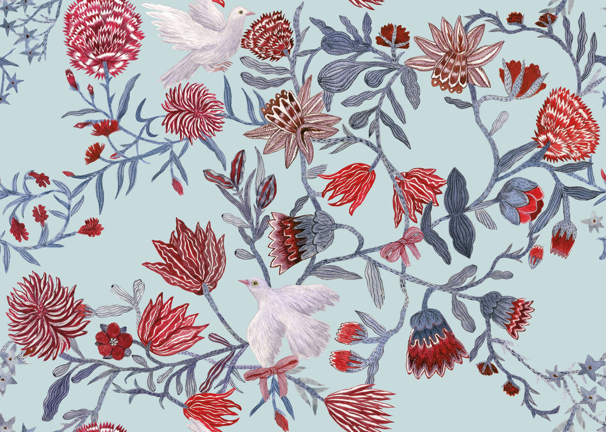 Miracle Blossoms and Birds, Red Mural Wallpaper - pure wallpaper artwork
