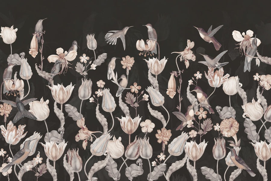 Tulips & Birds, Black Mural Wallpaper