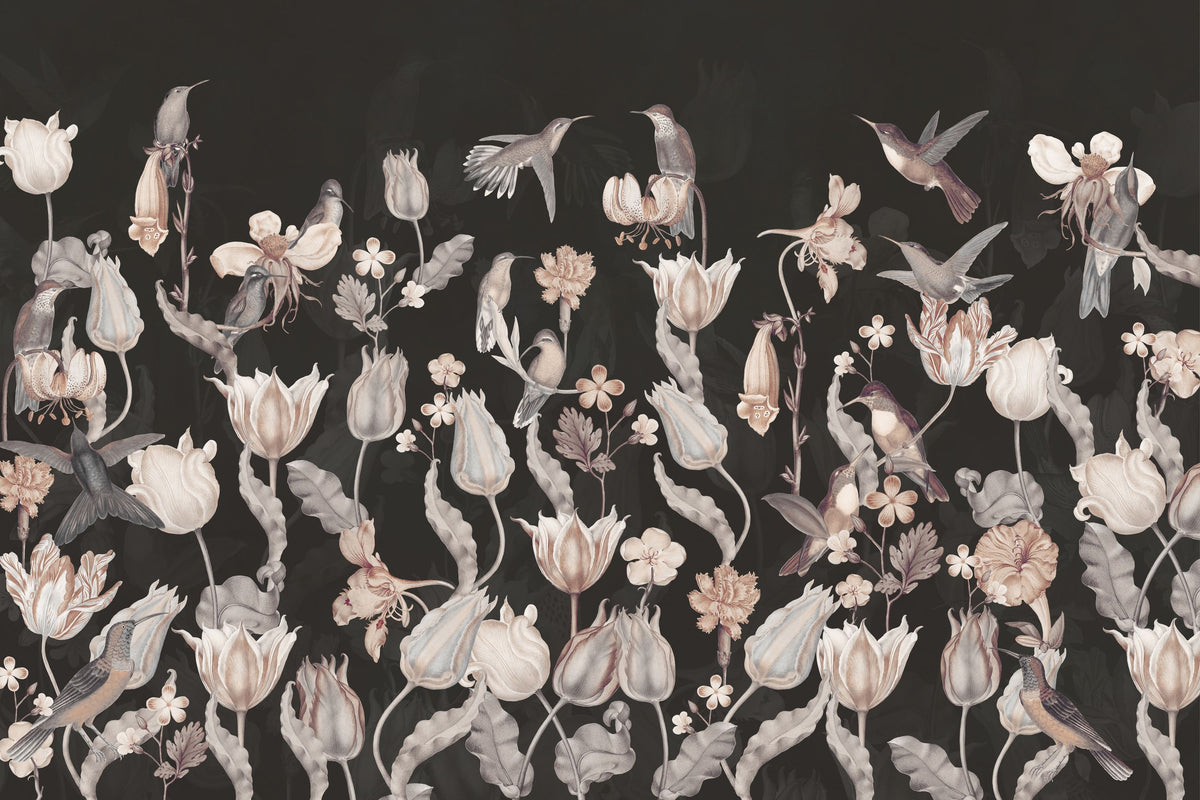 Tulips & Birds, Black Mural Wallpaper - pure wallpaper artwork