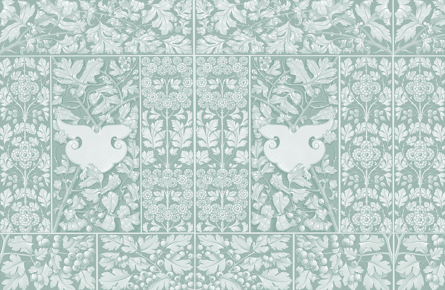 Flowers and Berries Teal Mural Wallpaper