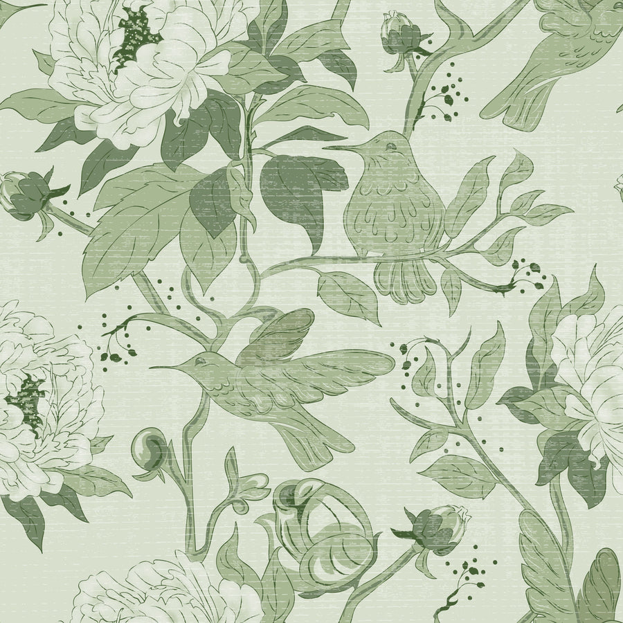 Peony Toile, Fresh Green Mural Wallpaper