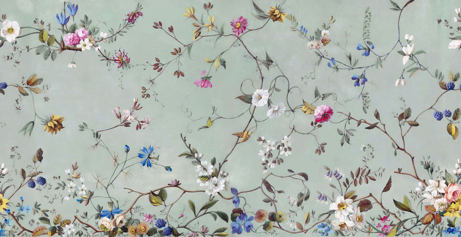 Floral Heaven, Vibrant on Sage Mural Wallpaper