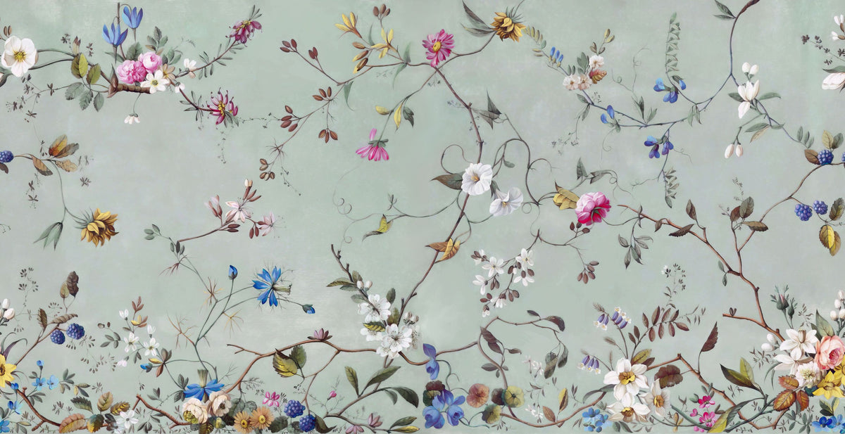 Floral Heaven, Vibrant on Sage Mural Wallpaper - pure wallpaper artwork