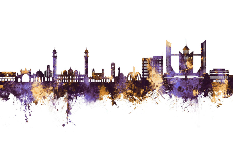 Faislabad Pakistan Skyline Purple & Gold Mural Wallpaper