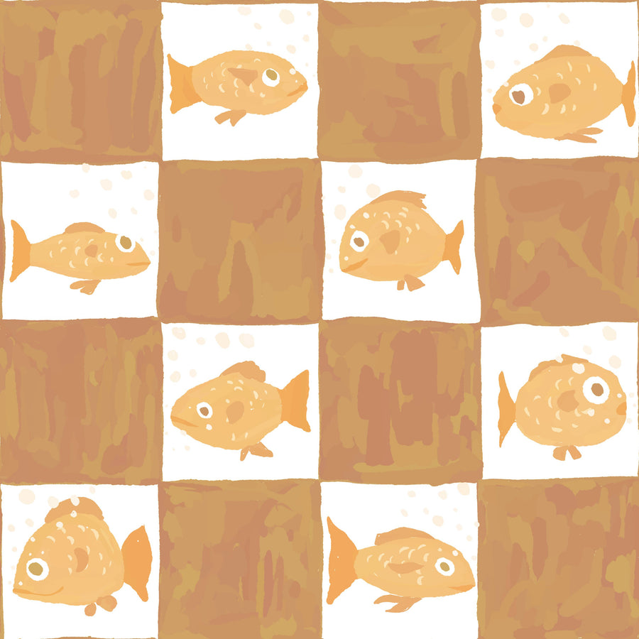 Fish Checkers, Warm Brown Mural Wallpaper