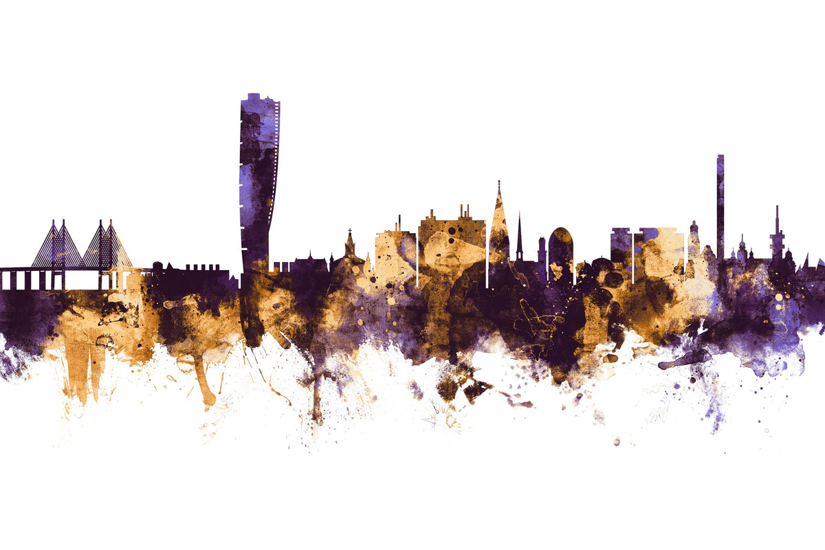 Malmö Sweden Skyline Purple & Gold Mural Wallpaper - pure wallpaper artwork