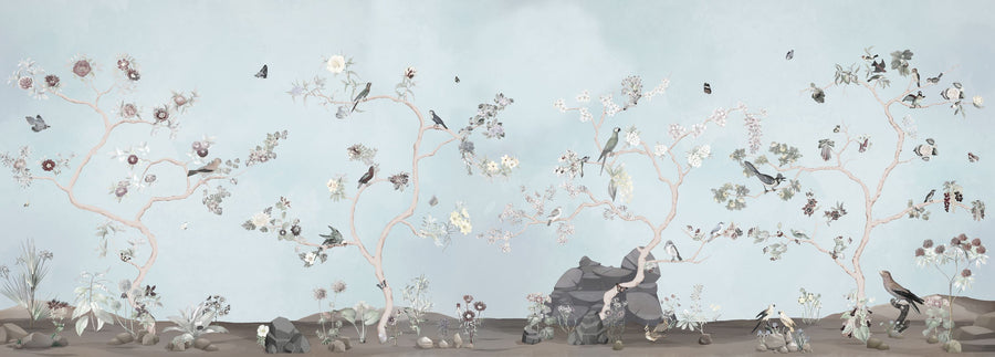 Birds in the Garden Light Blue Mural Wallpaper