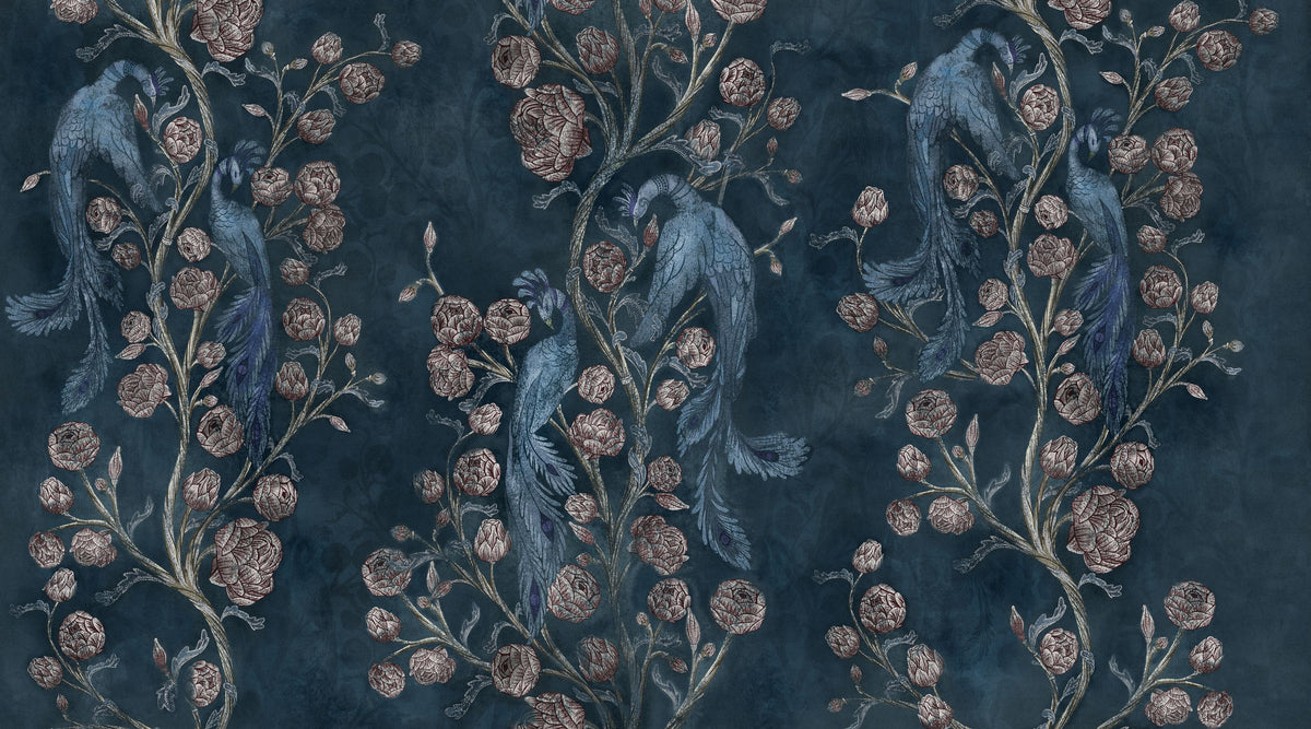 Peacock and Peony Chinoiserie Navy Mural Wallpaper - pure wallpaper artwork