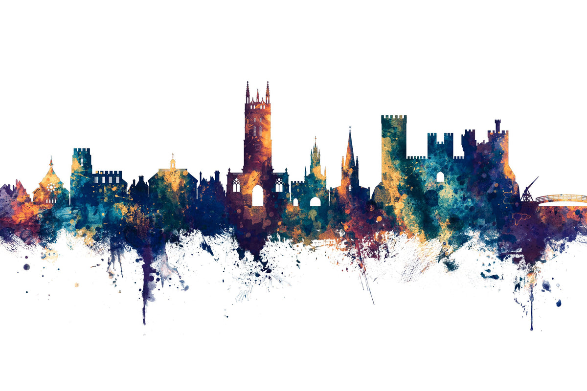 Warwick England Skyline Blue & Bronze Mural Wallpaper - pure wallpaper artwork