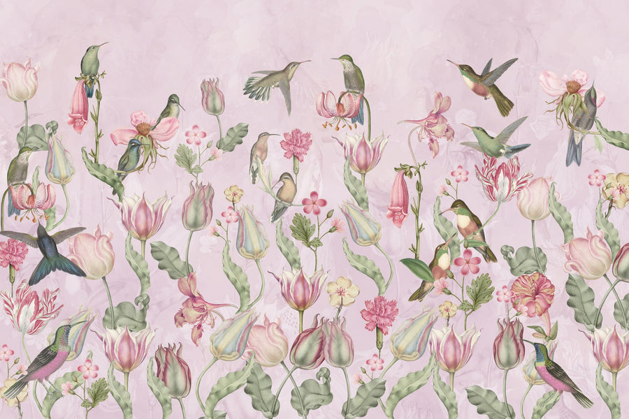 Tulips & Birds, Soft Pink Mural Wallpaper