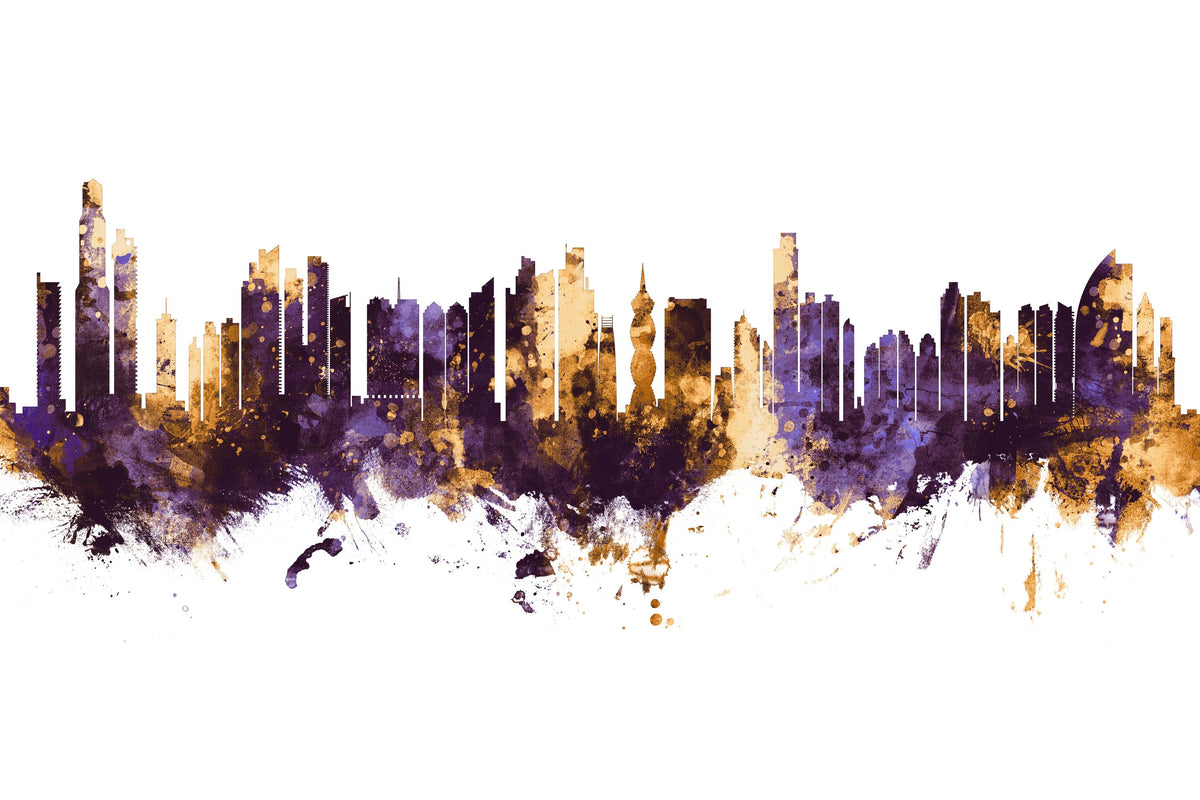Panama City Skyline Purple & Gold Mural Wallpaper - pure wallpaper artwork
