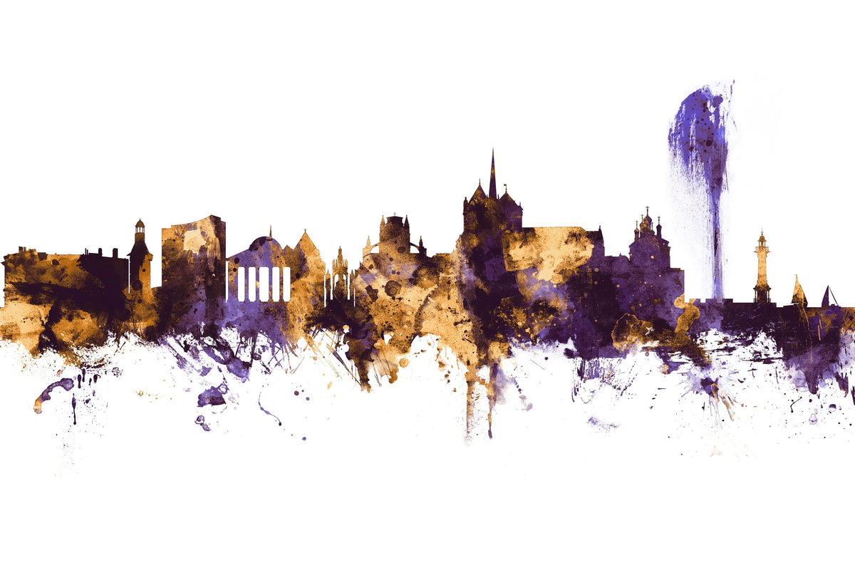 Geneva Switzerland Skyline Purple & Gold Mural Wallpaper - pure wallpaper artwork