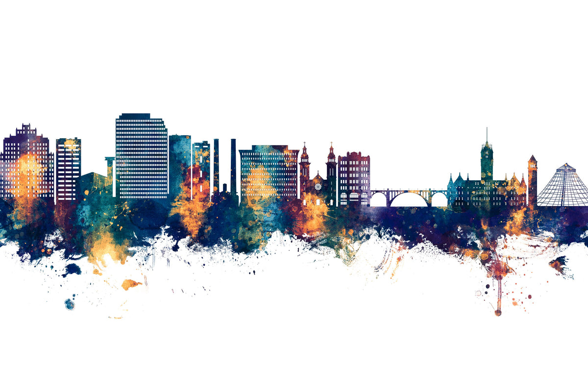Spokane Washington Skyline Blue & Bronze Mural Wallpaper - pure wallpaper artwork