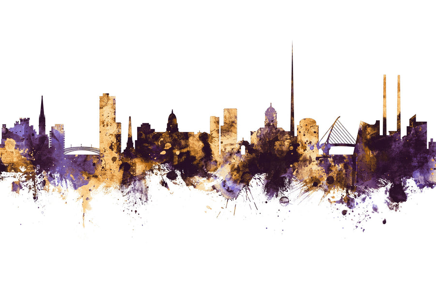 Dublin Ireland Skyline Purple & Gold Mural Wallpaper