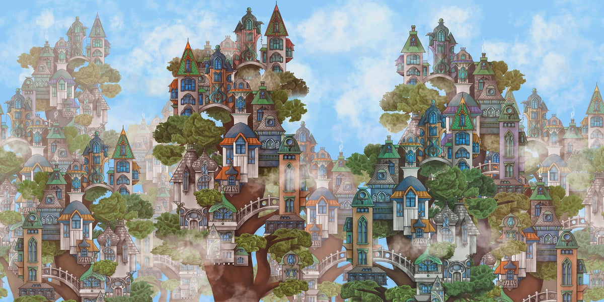 Treehouse Neighborhood Warm Bright Mural Wallpaper - pure wallpaper artwork