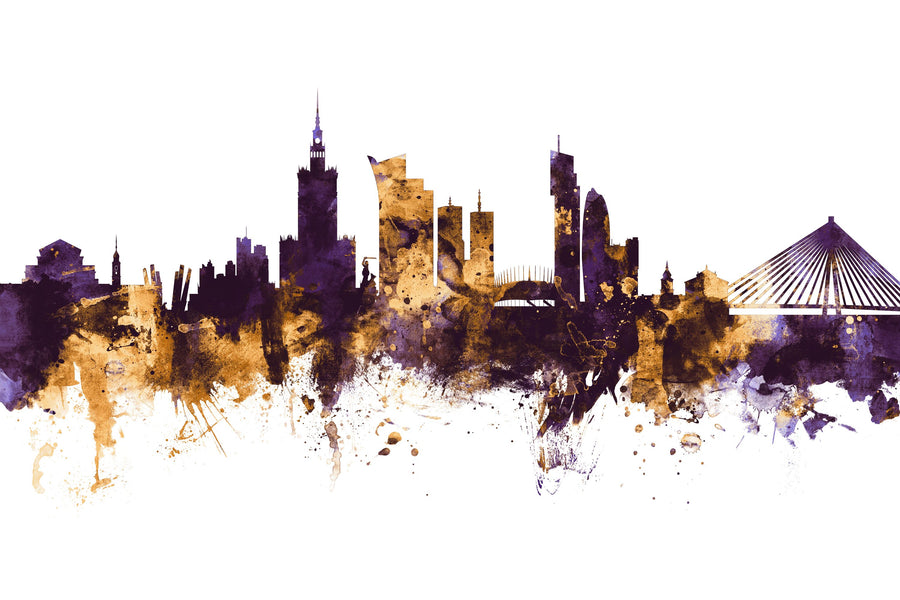 Warsaw Poland Skyline Purple & Gold Mural Wallpaper