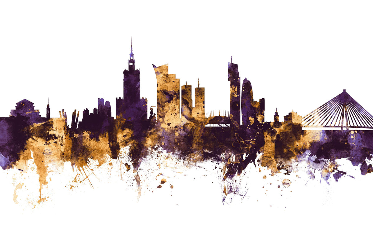 Warsaw Poland Skyline Purple & Gold Mural Wallpaper - pure wallpaper artwork