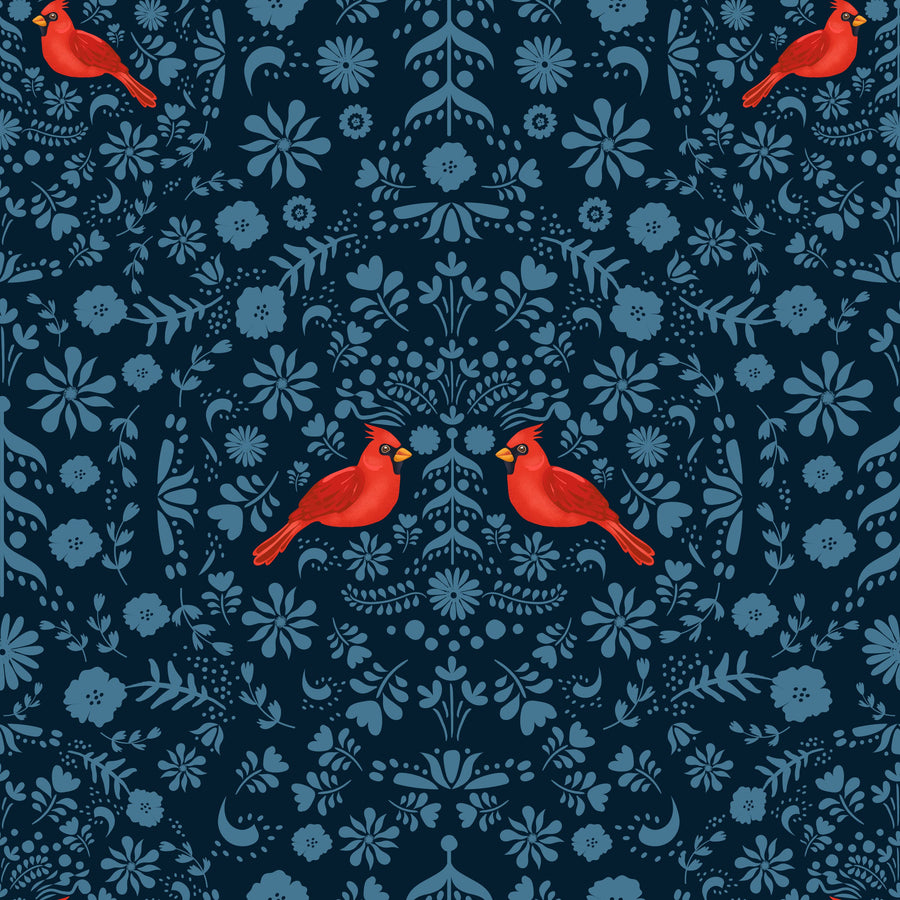 Cardinal Christmas, Blue on Blue Mural Wallpaper