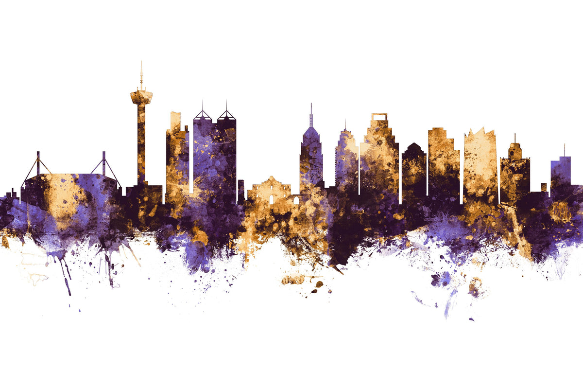 San Antonio Texas Skyline Purple & Gold Mural Wallpaper - pure wallpaper artwork