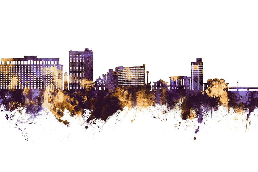 Biloxi Mississippi Skyline Purple & Gold Mural Wallpaper