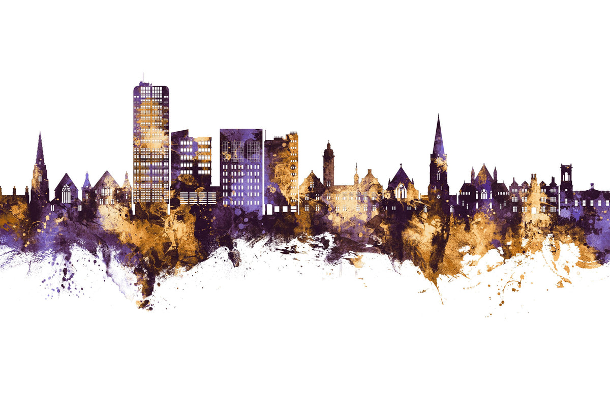 Swindon England Skyline Purple & Gold Mural Wallpaper - pure wallpaper artwork