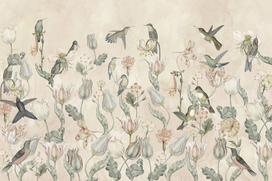 Tulips & Birds, Beige Mural Wallpaper
