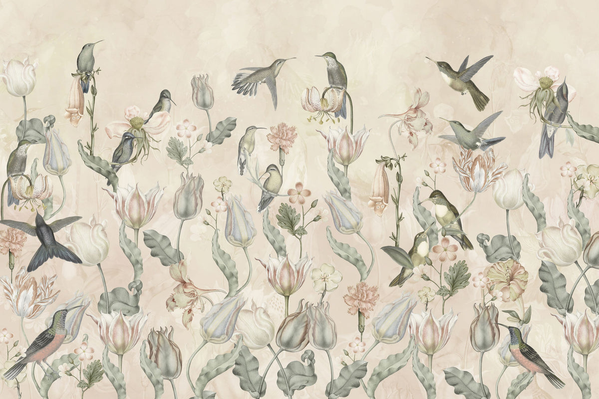Tulips & Birds, Beige Mural Wallpaper - pure wallpaper artwork
