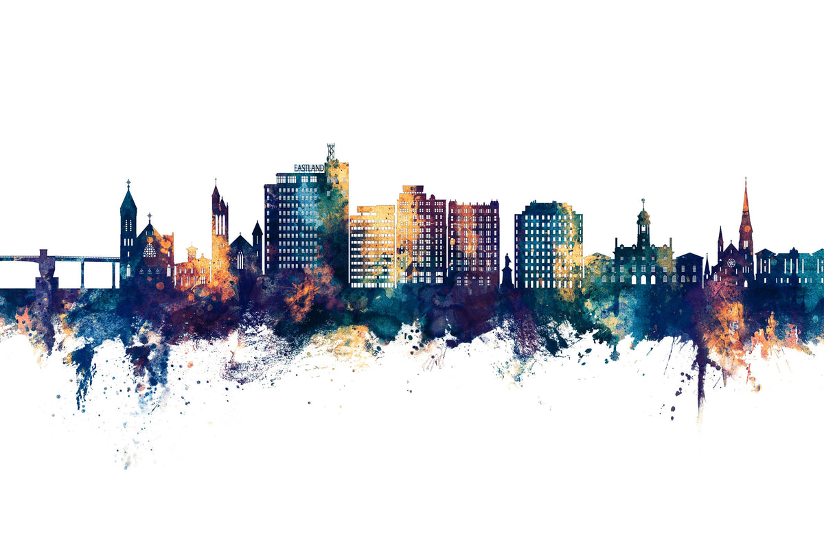 Portland Maine Skyline Blue & Bronze Mural Wallpaper - pure wallpaper artwork